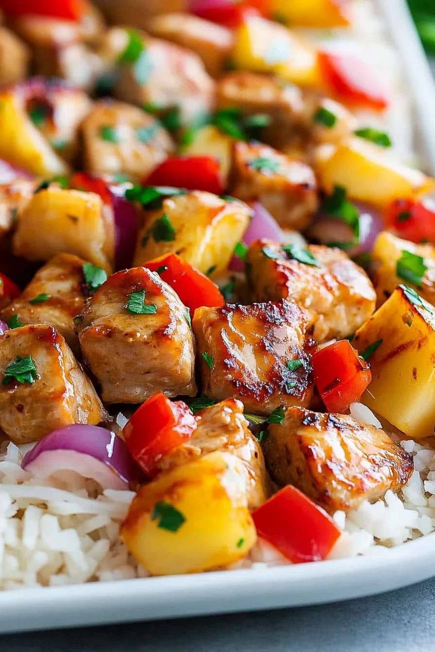 Overhead view of a sheet pan filled with a vibrant mix of protein and produce.