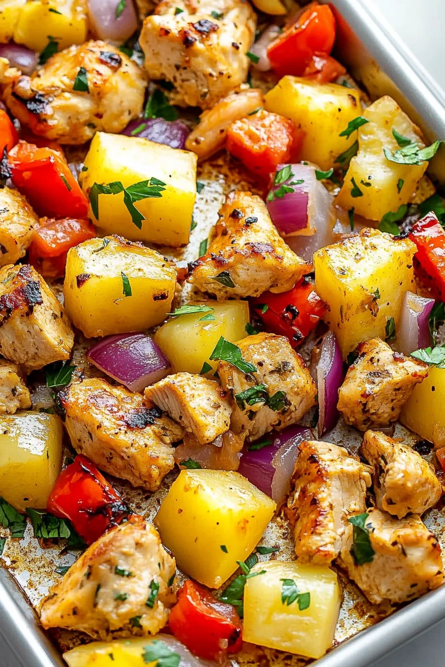 Golden-brown chicken served with juicy fruit and bell peppers straight from the oven.