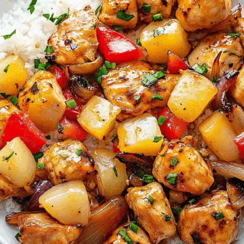 Glazed protein pieces nestled among caramelized bell peppers and onions.