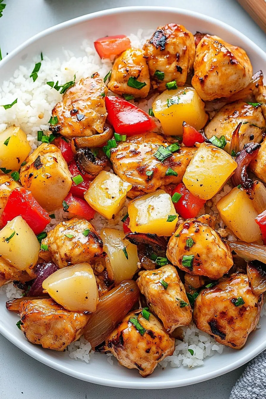 Glazed protein pieces nestled among caramelized bell peppers and onions.