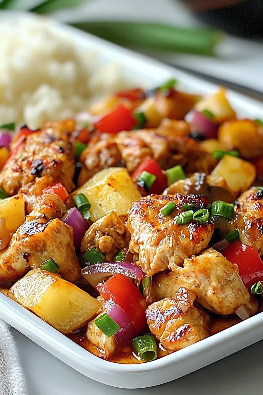 Roasted chicken pieces mixed with colorful vegetables and pineapple chunks on a baking tray.