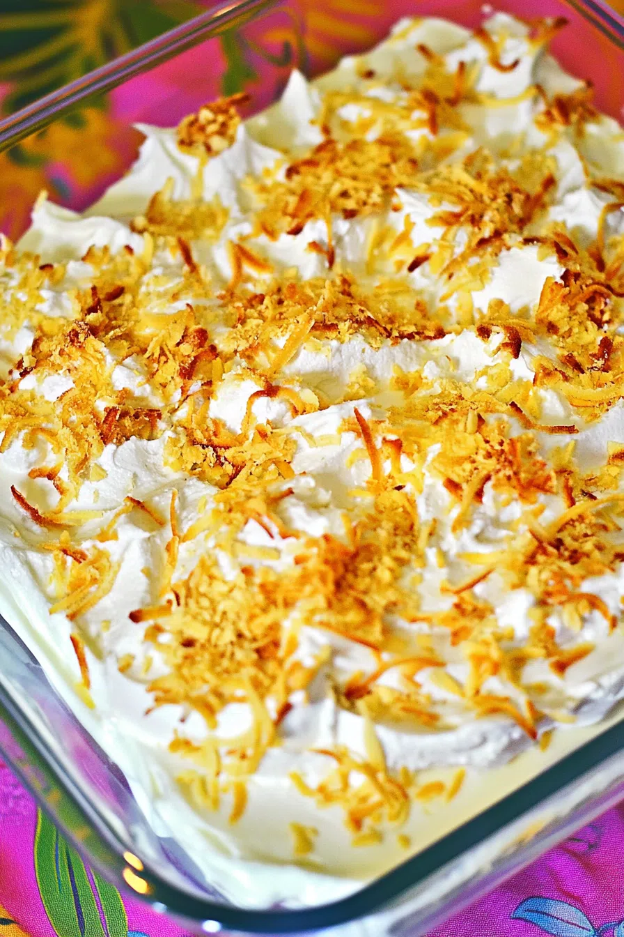 Close-up of moist layered cake with a whipped topping and fruit garnish.