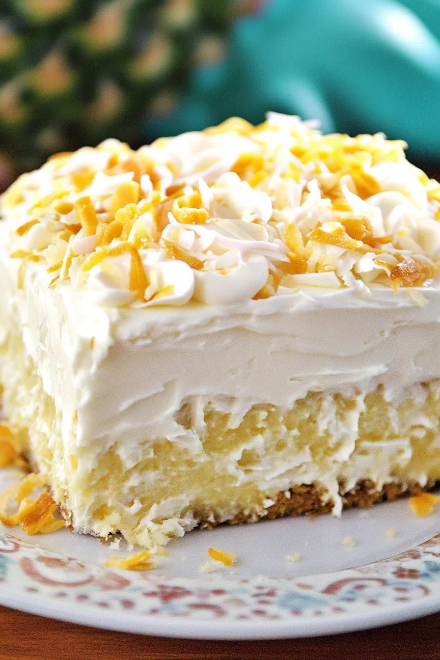 A light and fluffy cake slice topped with creamy frosting and crushed pineapple.