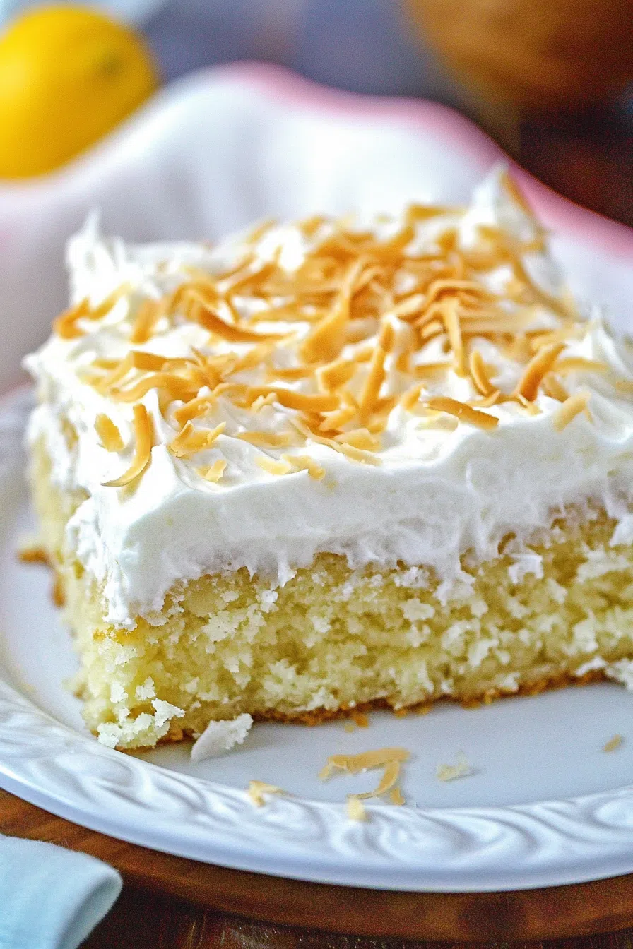 Plated dessert featuring vibrant yellow filling and coconut flakes on top.