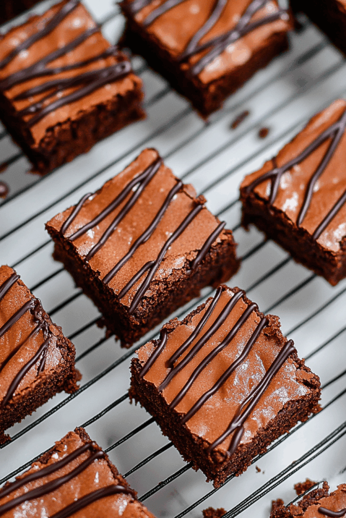 Baked chocolate treat cut into neat portions on a cooling rack.