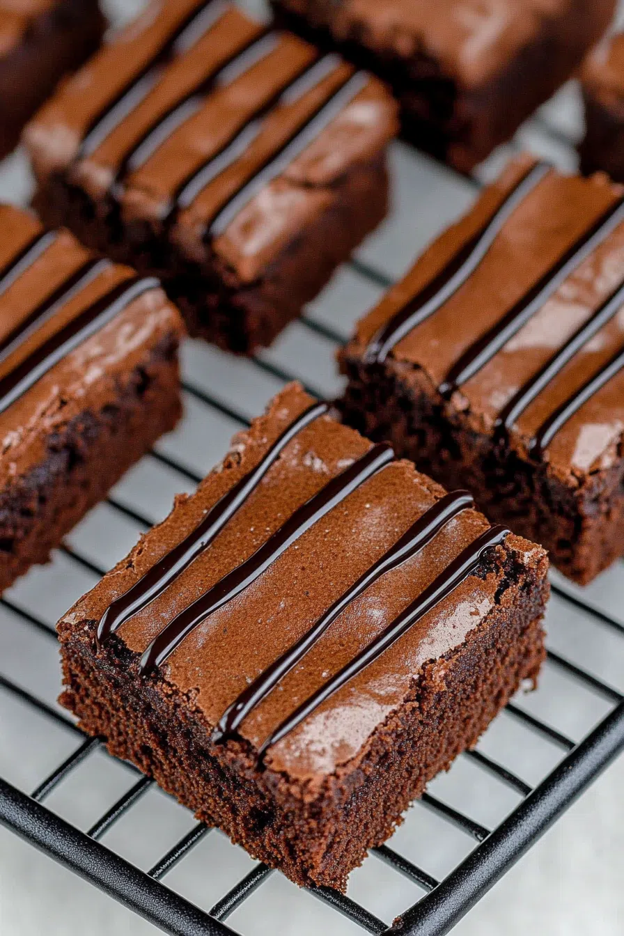 Squares of glossy, chocolatey dessert arranged on a cooling rack.