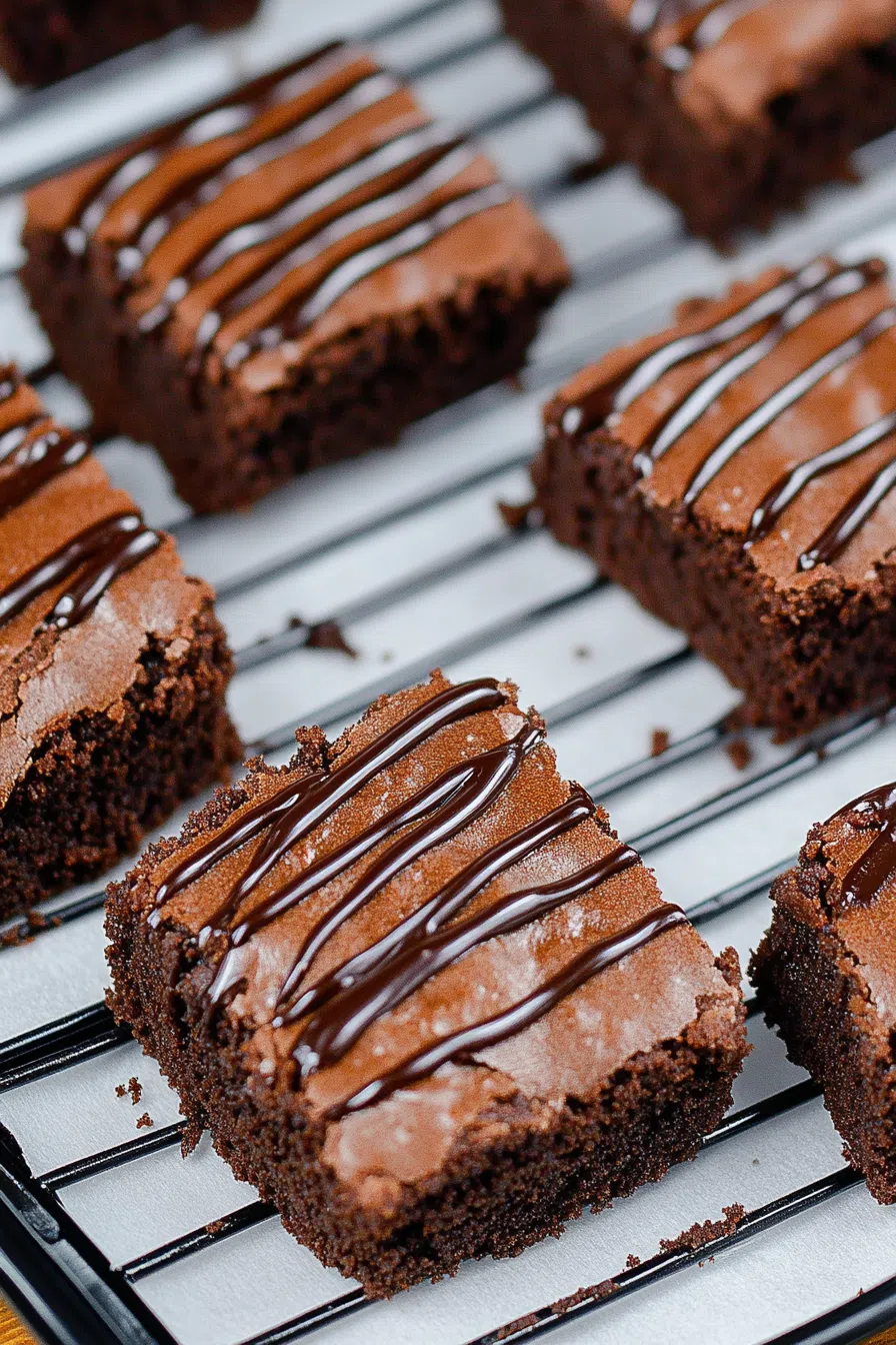 Close-up of a moist, dense brownie with a shiny top layer.