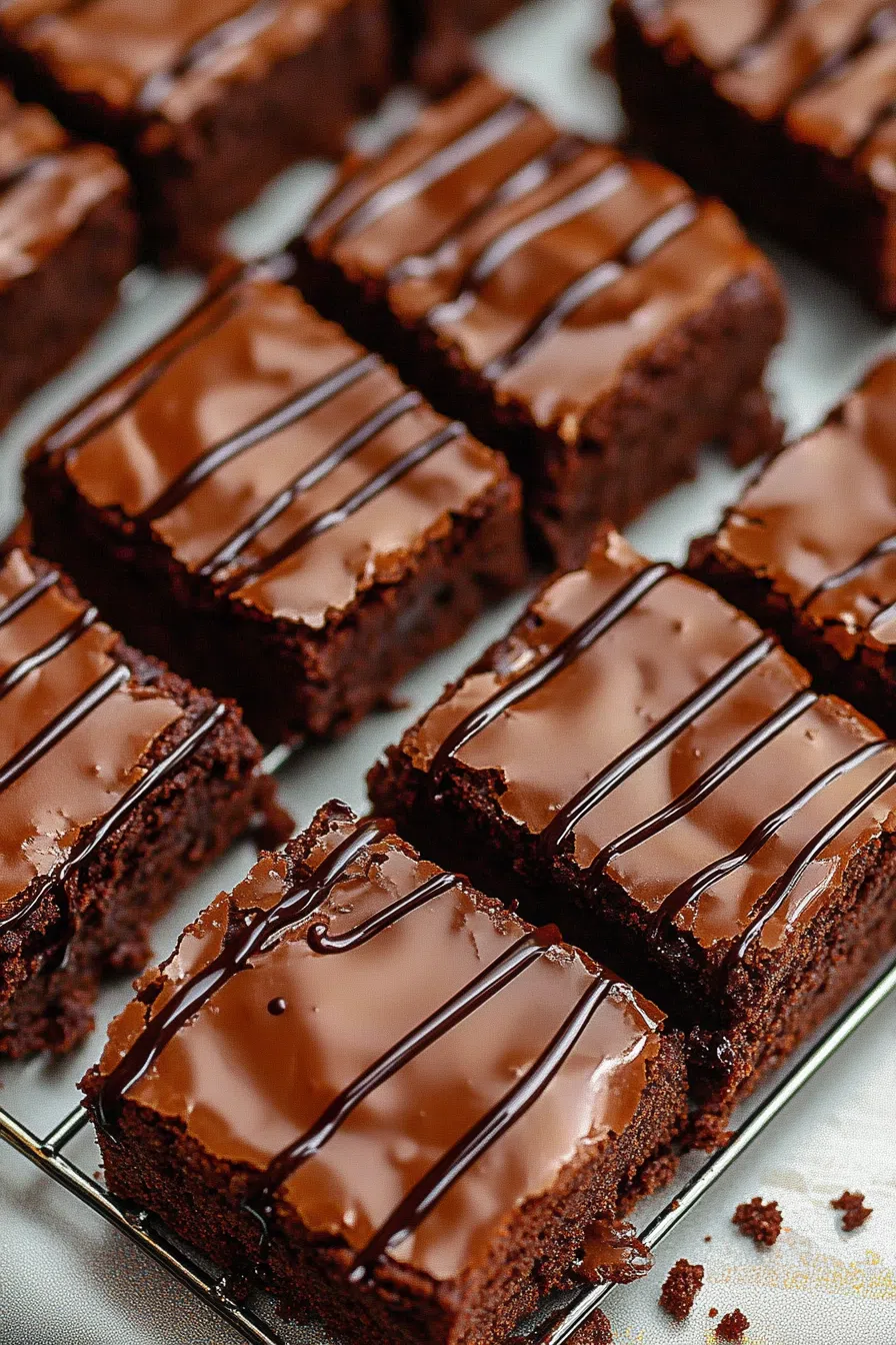 Overhead view of glossy, chocolatey treats neatly cut into portions.