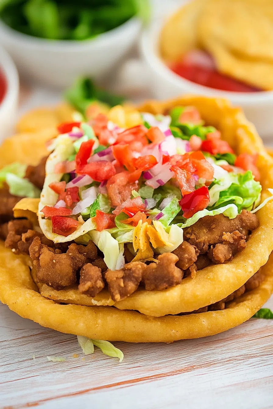 Golden fried flatbread layered with colorful fresh toppings on a rustic plate.
