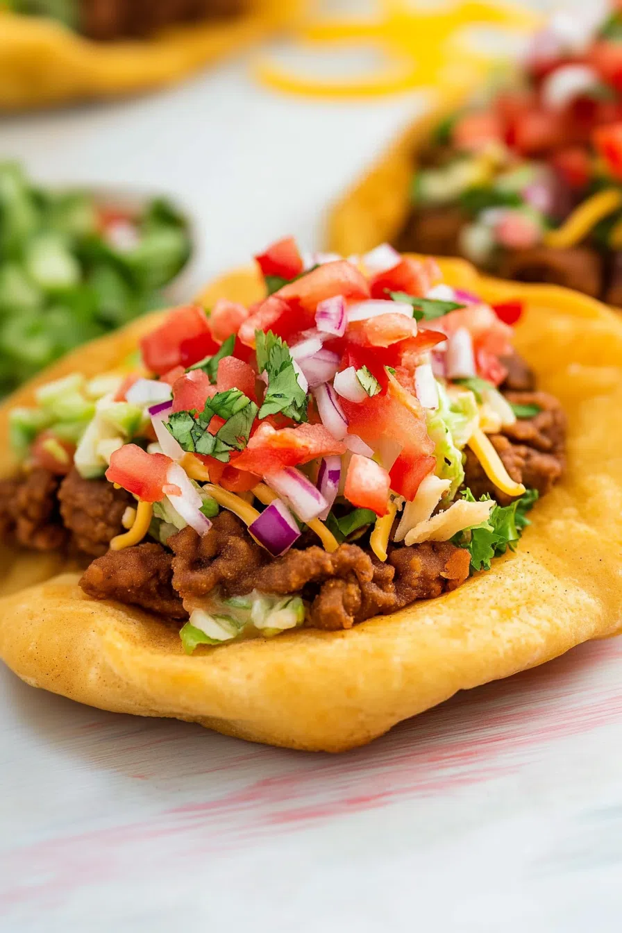 Handheld portion of a savory open-faced dish with vibrant garnishes.