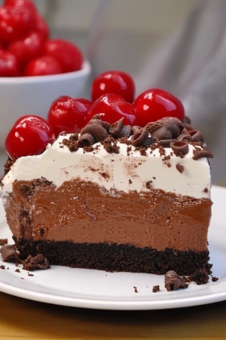 Plated dessert with a velvety texture and sweet cherry topping