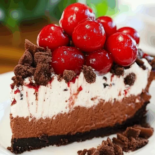 Rich, chocolate dessert topped with whipped cream and glossy cherries