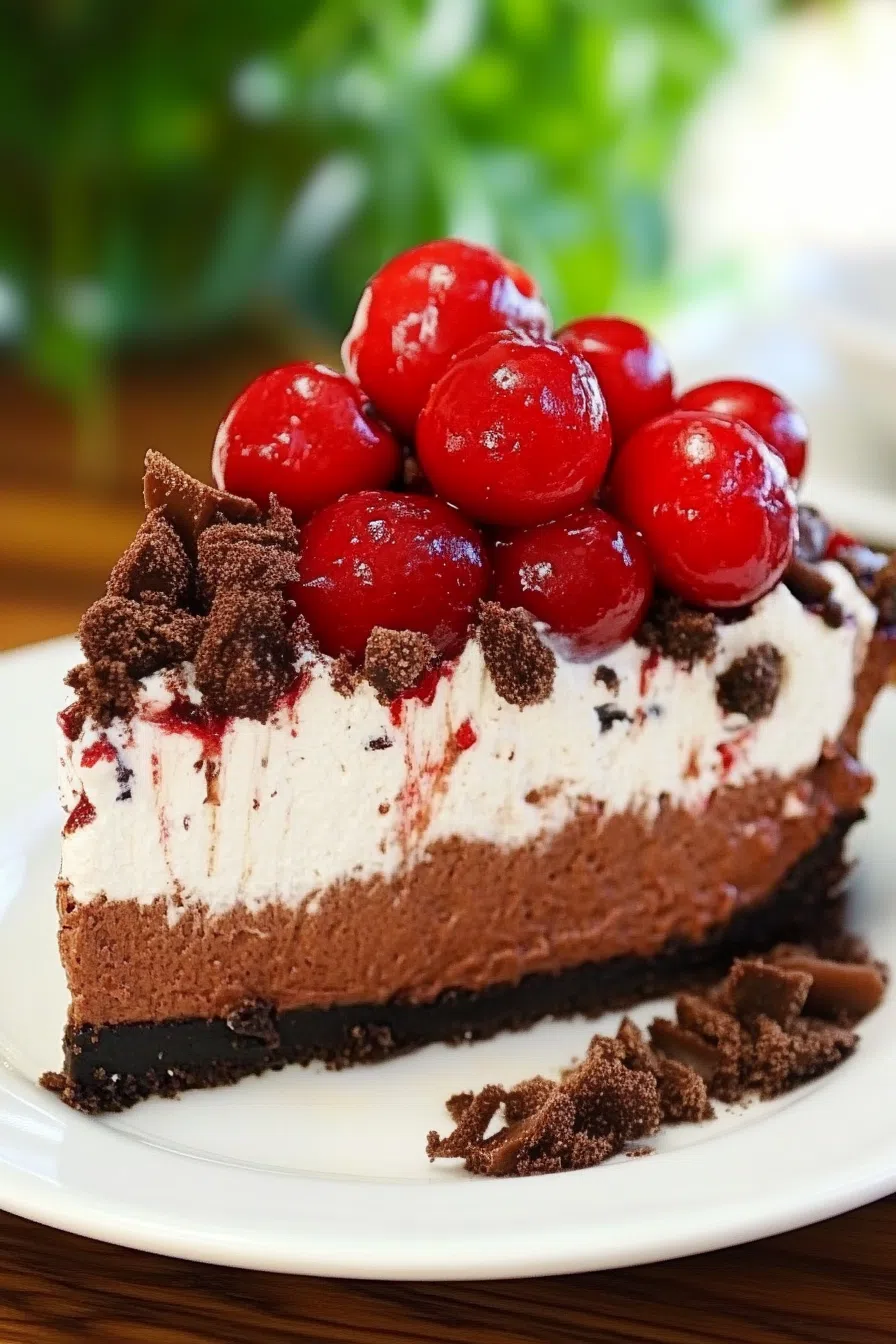 Rich, chocolate dessert topped with whipped cream and glossy cherries