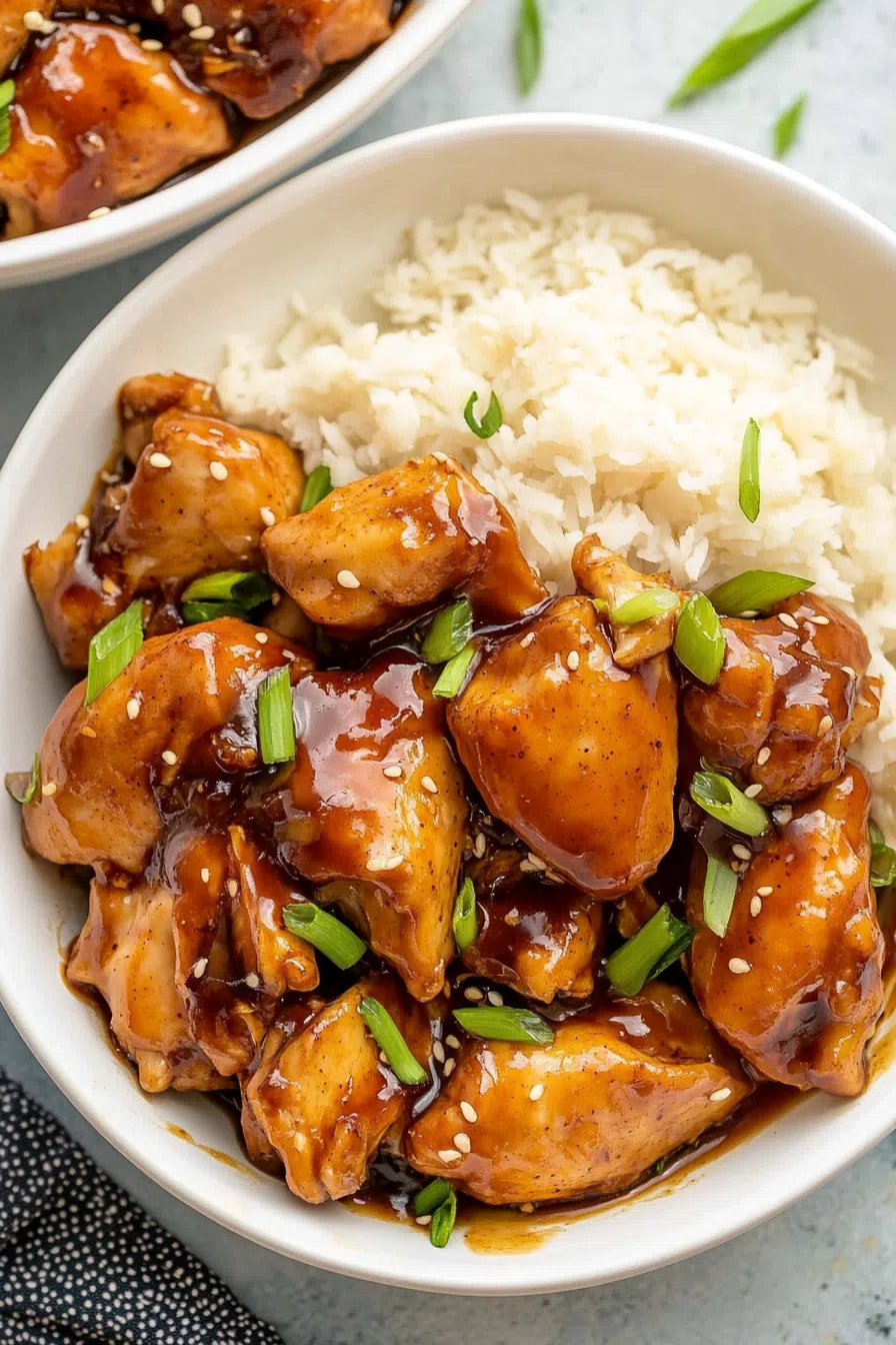 Dinner plate featuring saucy protein with a side of fluffy grains.