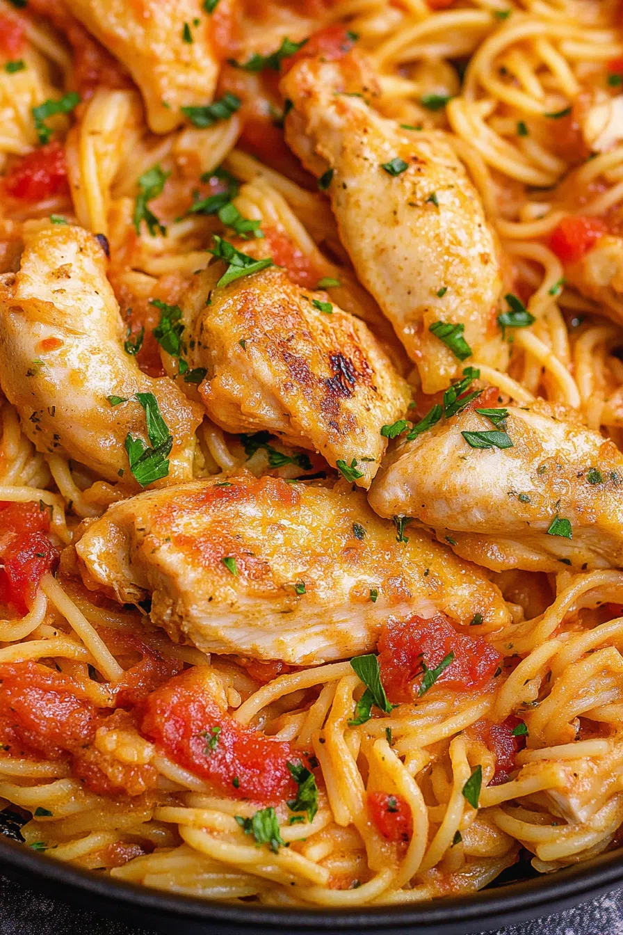 Overhead view of a pasta plate featuring golden chicken and a rich tomato sauce.