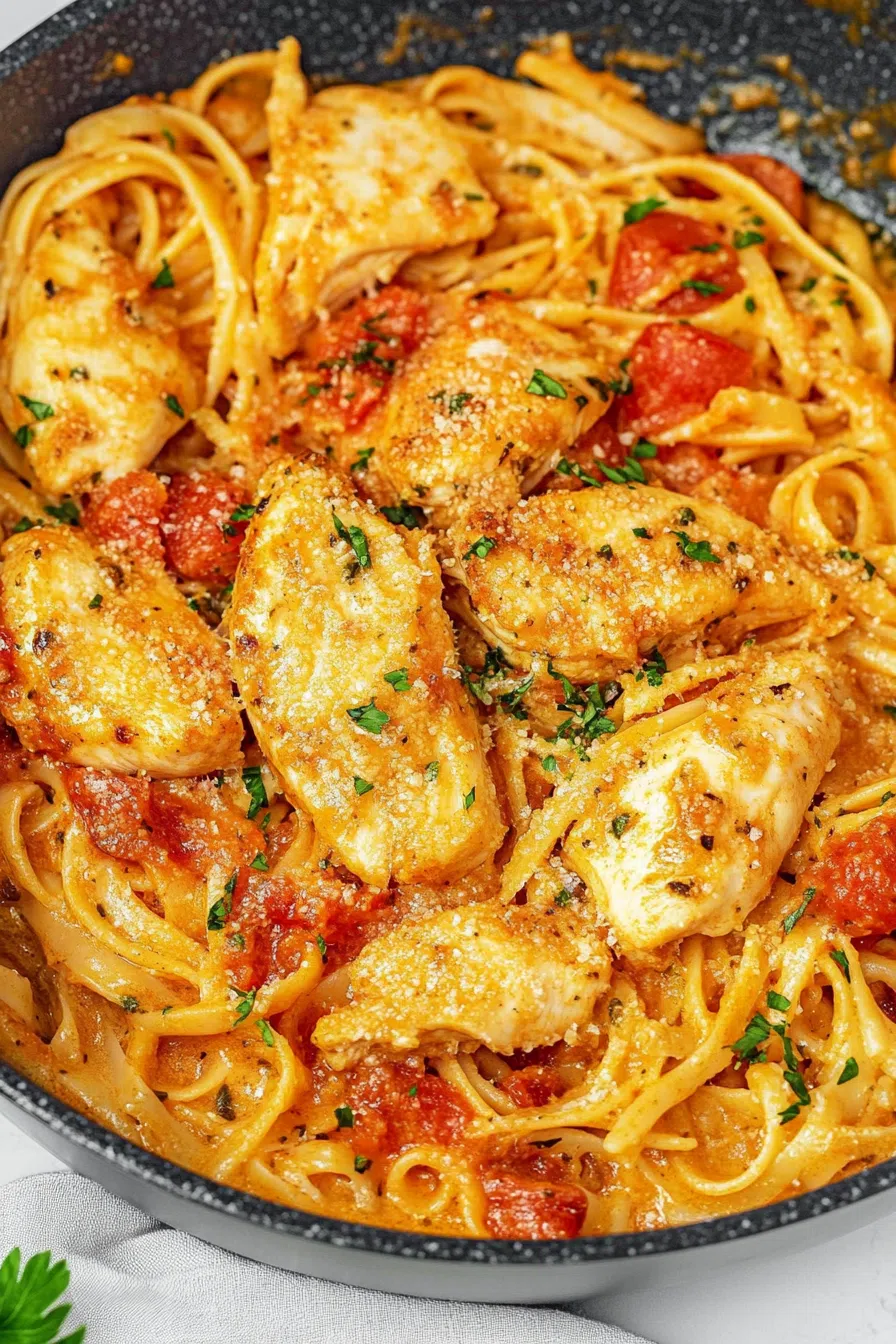 Creamy pasta topped with sliced grilled chicken and sprinkled with fresh parsley.