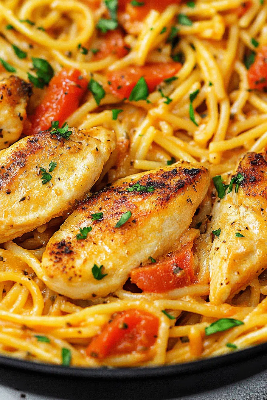 Close-up of al dente noodles tossed with sautéed vegetables and a savory sauce.