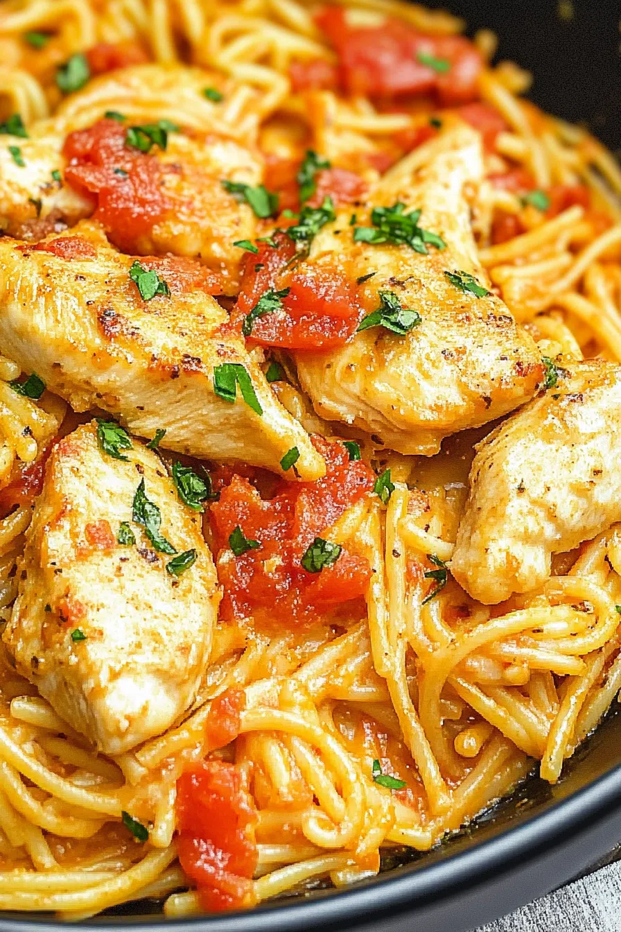 Bowl of creamy pasta with grilled chicken slices and fresh herbs on top.