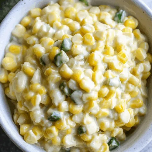 A family-style dish of jalapeño creamed corn, perfect for sharing at a dinner table.