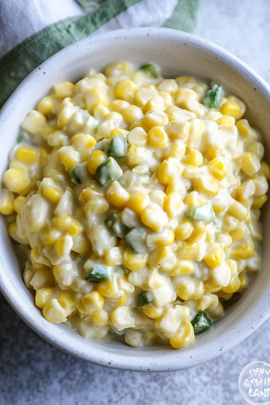 A family-style dish of jalapeño creamed corn, perfect for sharing at a dinner table.