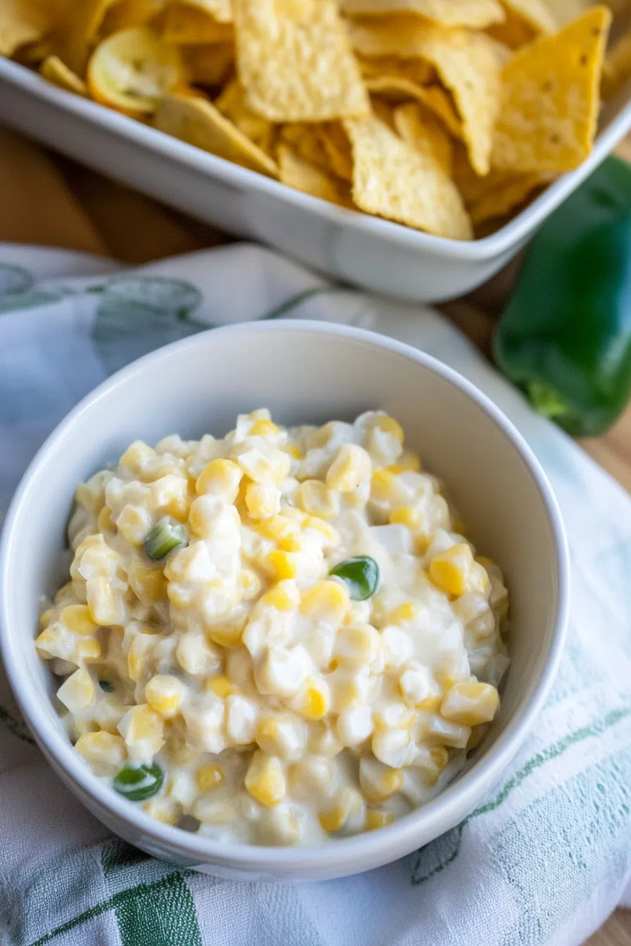 Delicious jalapeño creamed corn topped with a sprinkle of cheese, ready to be enjoyed.