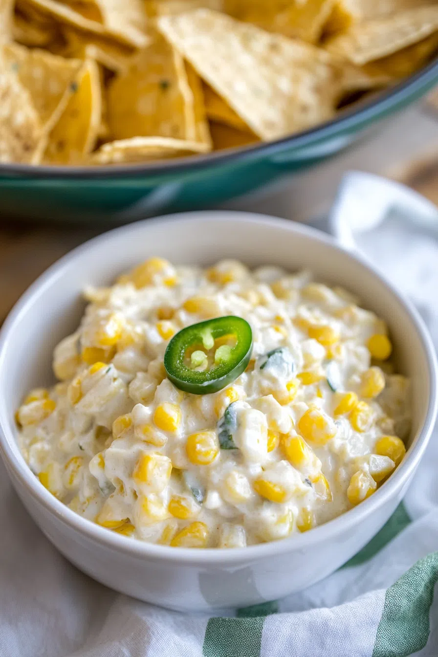 A family-style serving of a creamy corn dish, perfect for sharing at a summer gathering.