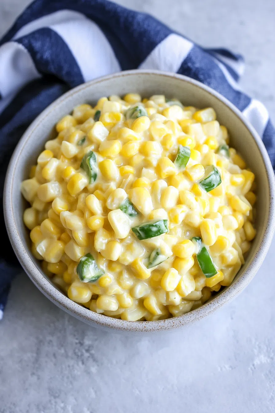Creamy jalapeño corn served in a rustic bowl, garnished with fresh herbs.