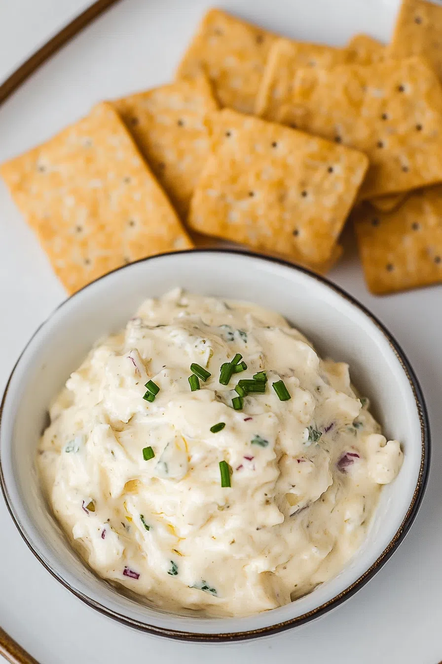 Overhead view of a party platter featuring a cheesy dip centerpiece.