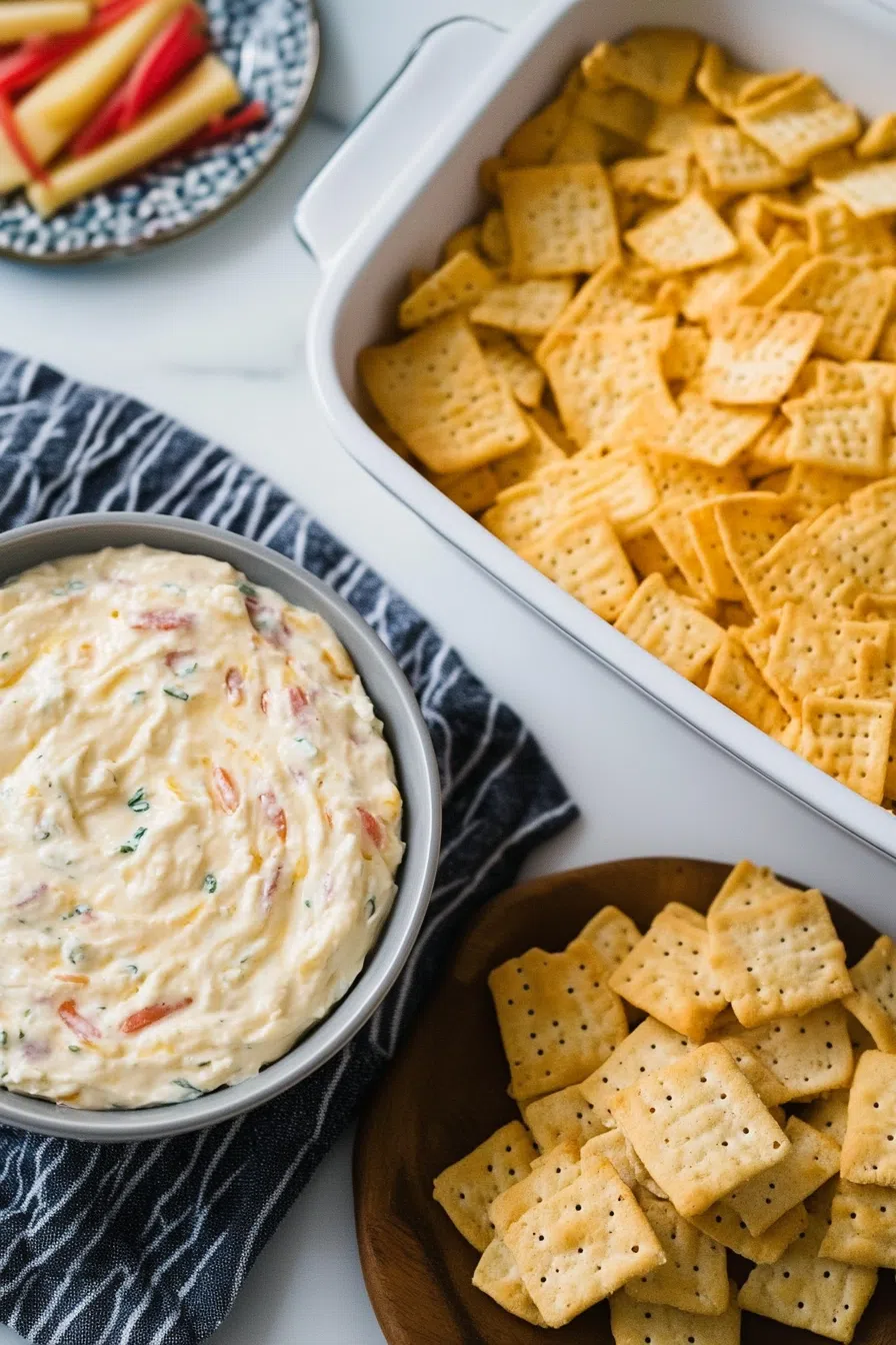 Cheese spread glistening under warm light, ready to be scooped with toast rounds.