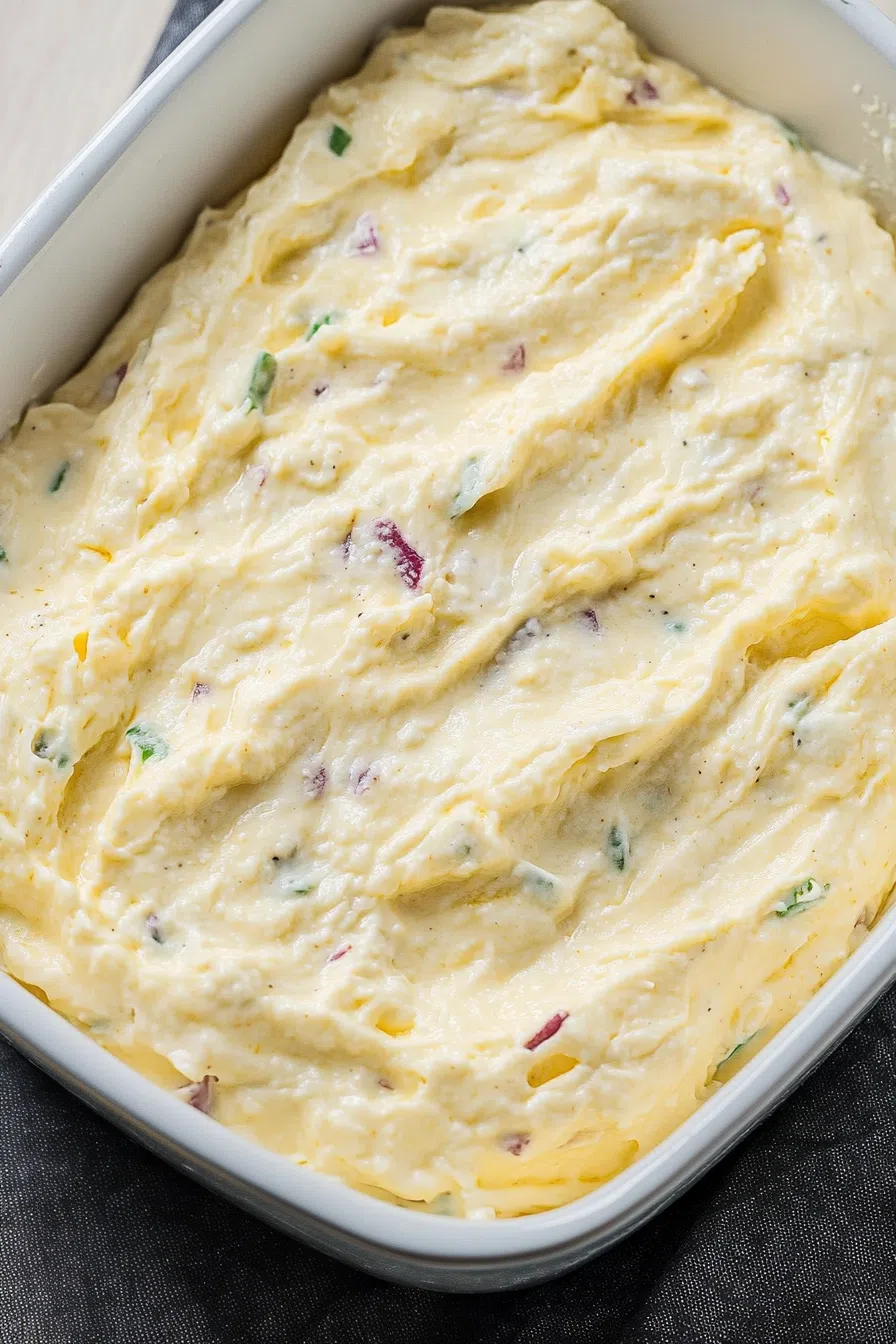 Close-up of a gooey, savory appetizer in a ceramic dish.