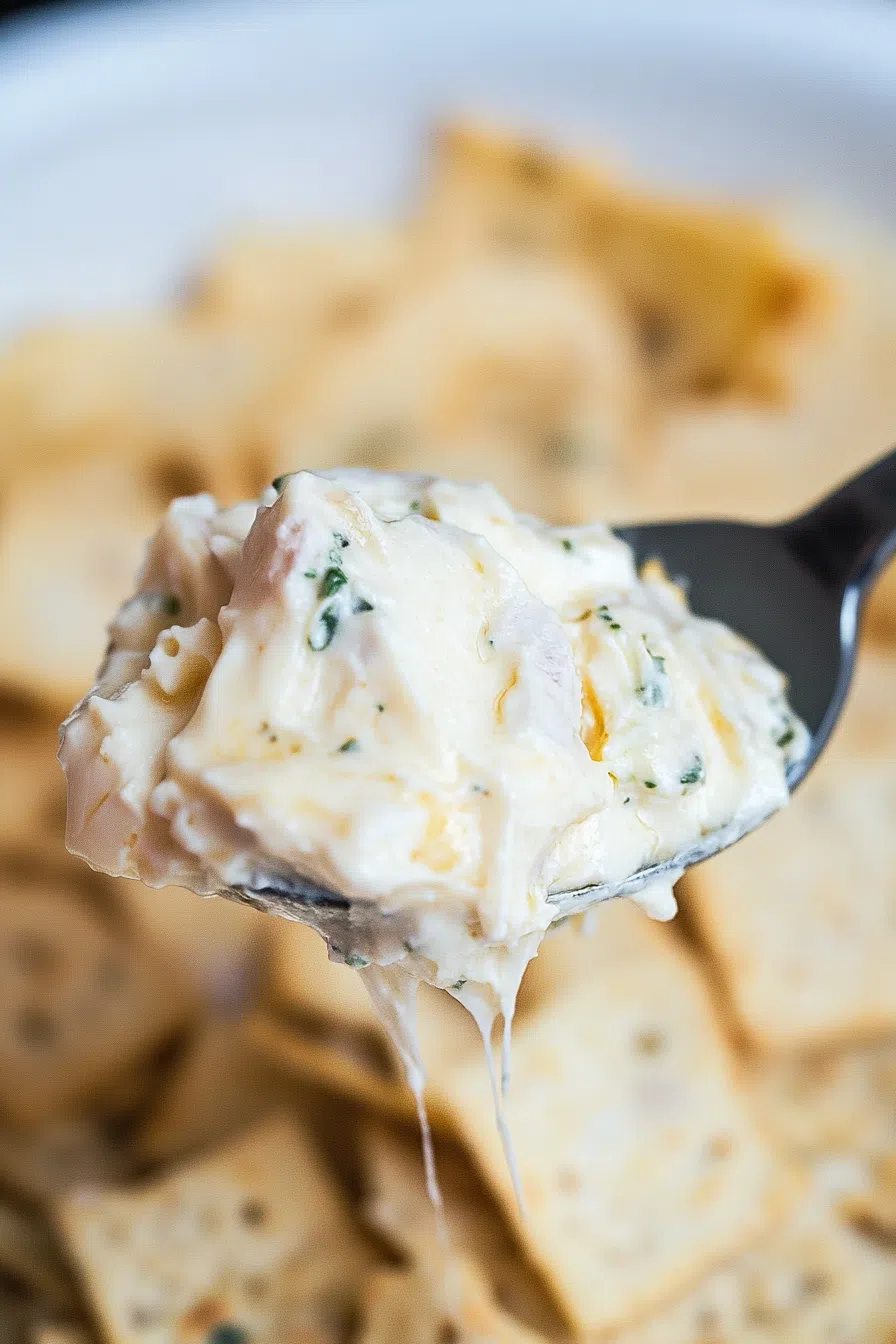 Close-up of gooey, cheesy texture on a serving spoon.