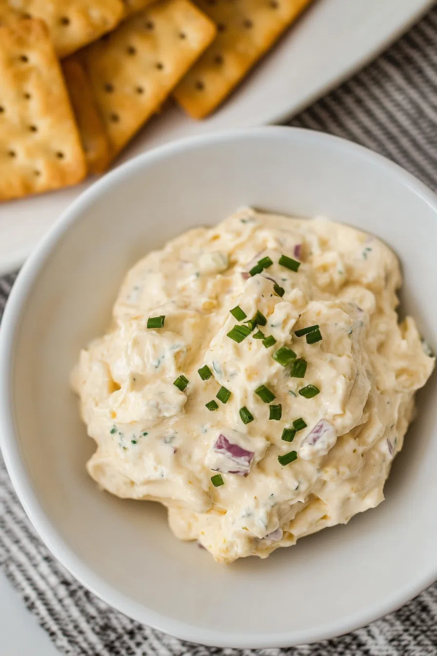 Creamy, golden dip served in a small white bowl with crackers on the side.