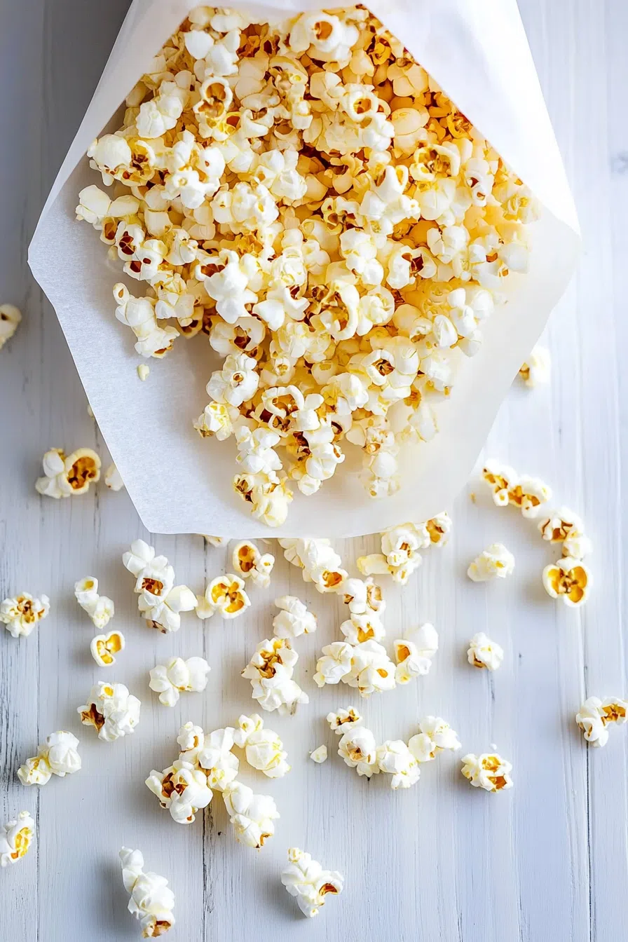 Close-up of golden popcorn pieces spilling over a rustic paper-lined container.