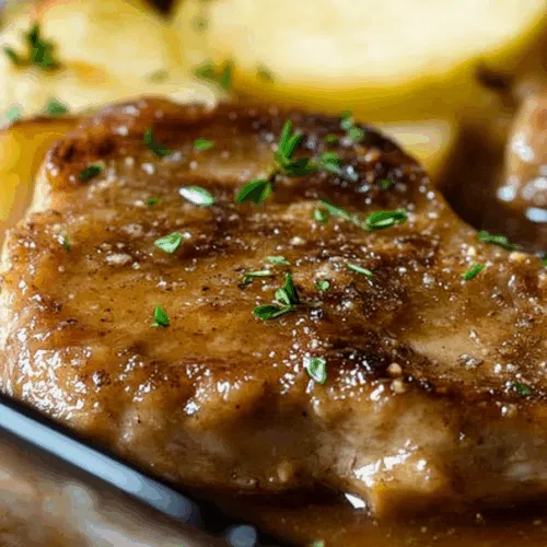 Close-up of a tender chop served with caramelized onions and soft baked fruit.