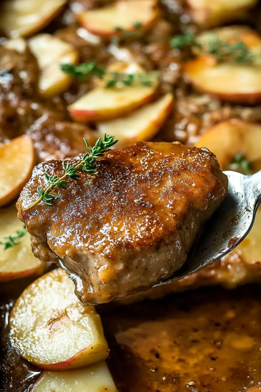 Spoon lifting a juicy serving from a baking dish, showing browned edges and soft texture.
