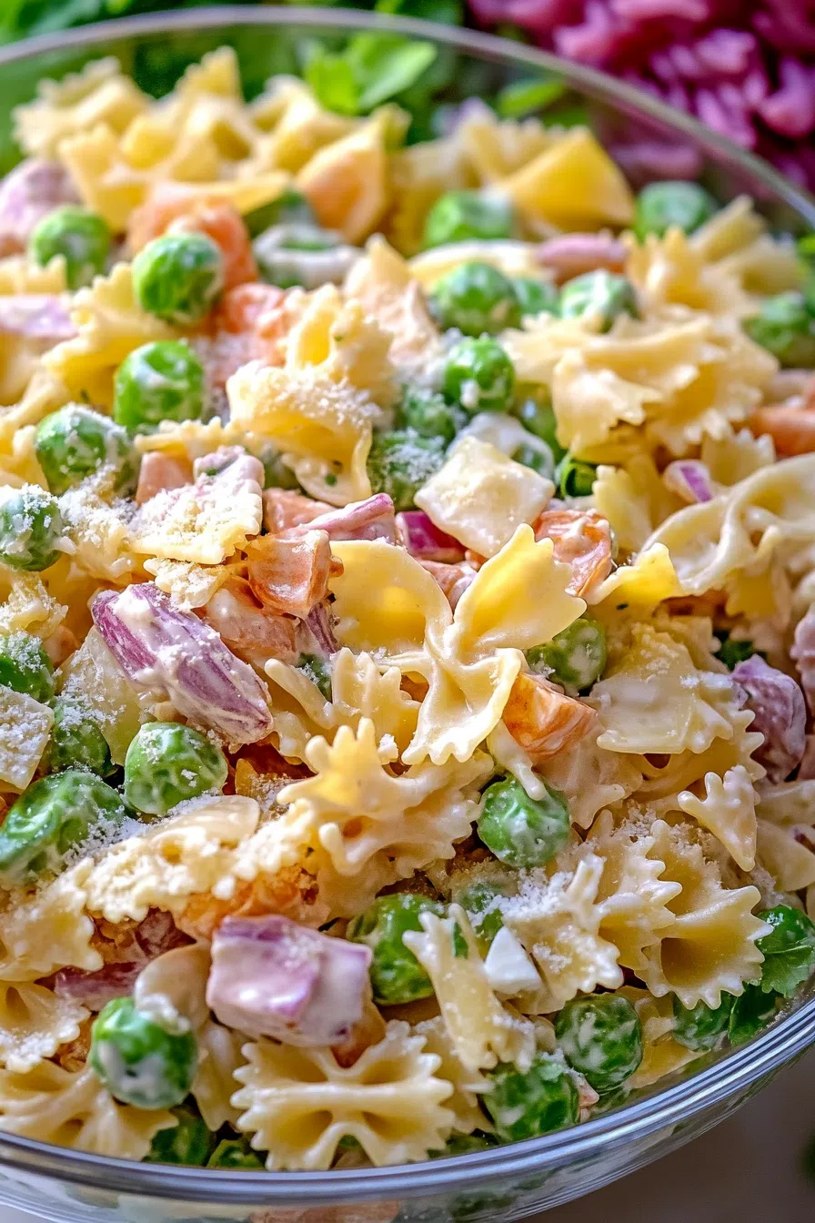 Close-up of a fresh, seasonal dish with visible herbs, pasta, and vegetables.