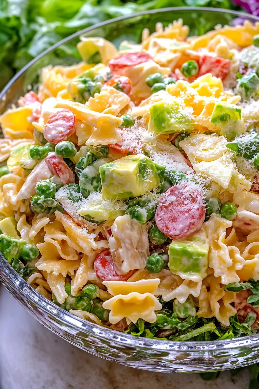 Glass bowl showcasing a colorful mix of layered vegetables and pasta spirals.