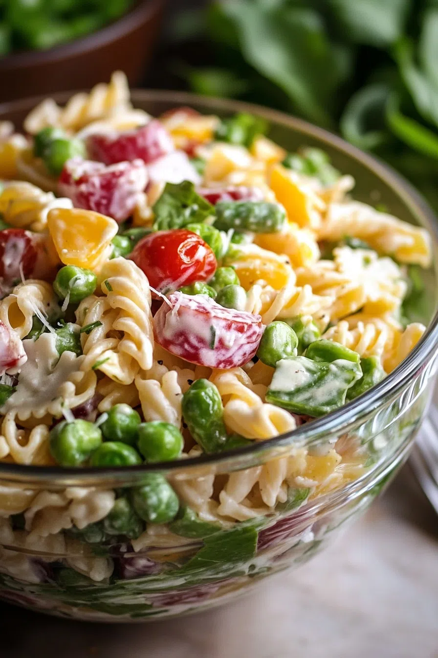 Side angle of a chilled salad arranged in distinct layers of greens, pasta, and toppings.