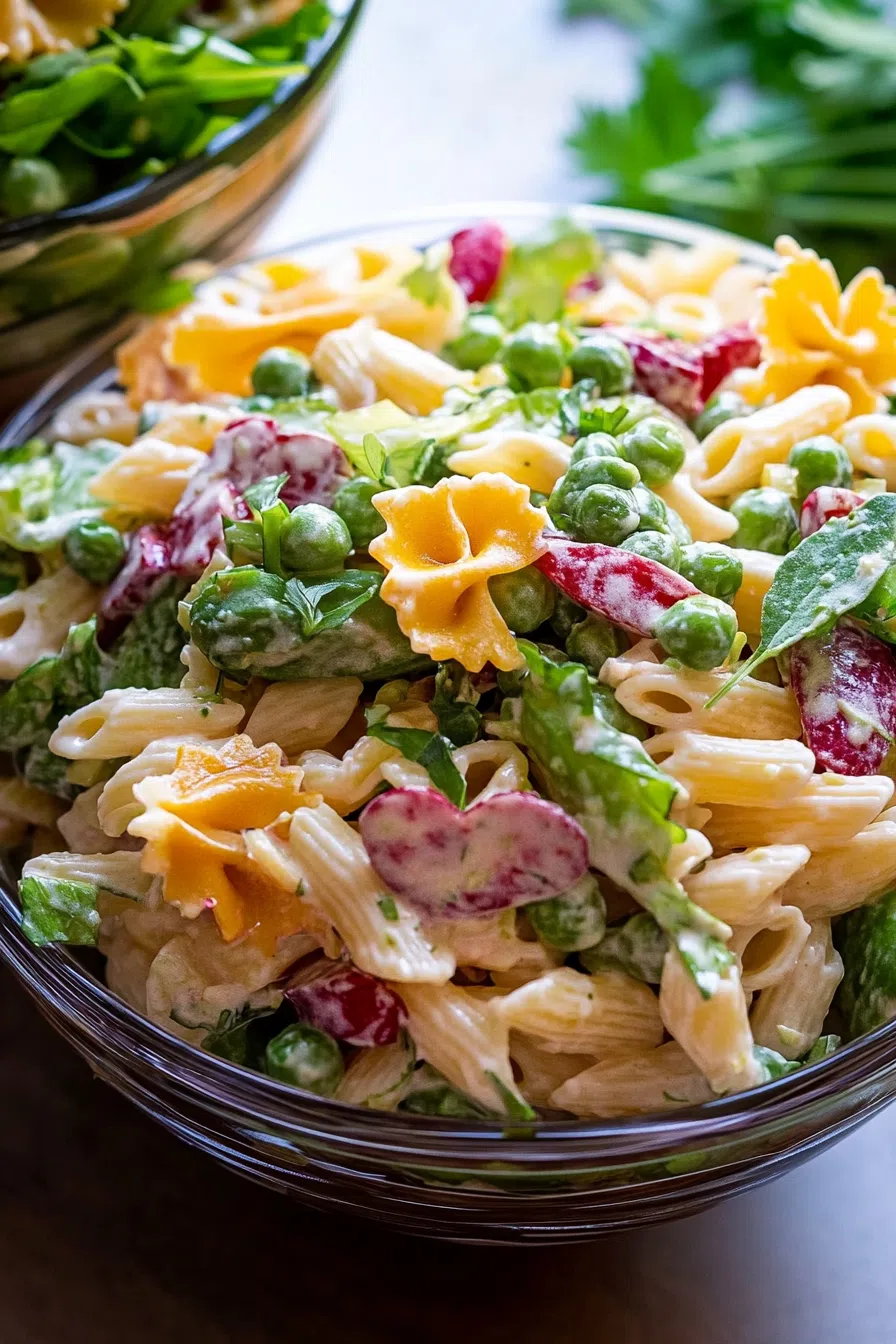 Bright, multicolored salad served in a clear bowl to highlight its visual layers.