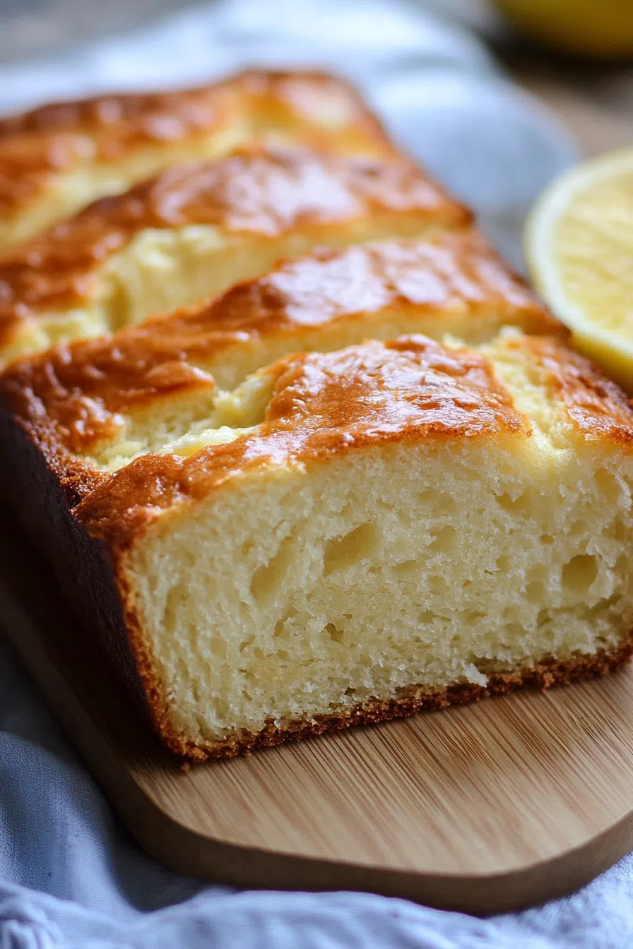 Golden loaf on a wooden board, partially sliced to show a creamy center.