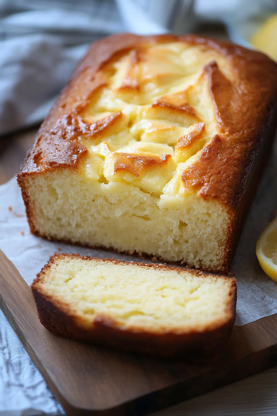Loaf with a golden crust and visible creamy swirl, sliced to reveal the interior.