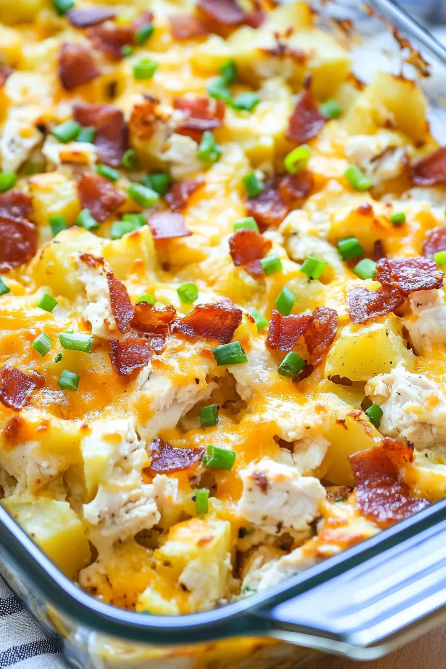 Comfort food served in a glass dish with layers of roasted potatoes, chicken, and cheese.