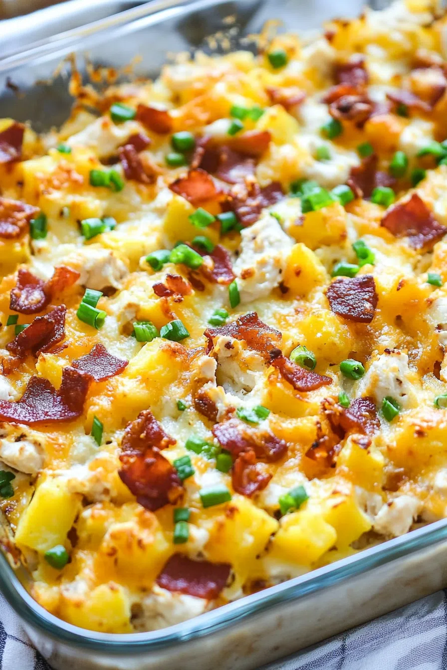 Bubbling hot casserole fresh out of the oven, garnished with green onions.