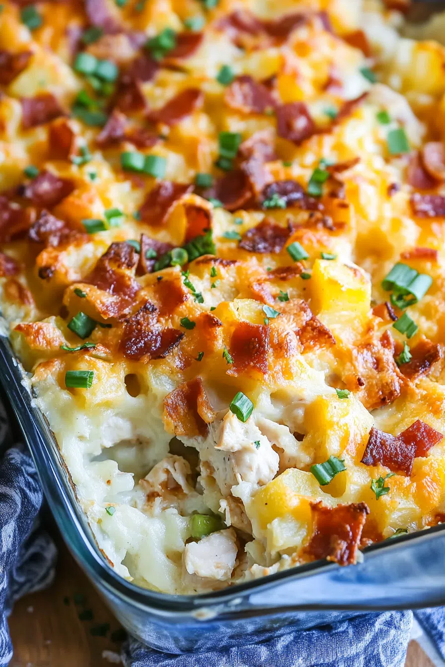 Cheesy, golden-brown casserole topped with crispy bacon bits and melted cheese.