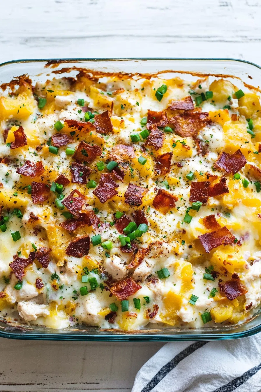 Hearty casserole topped with crispy bacon, melted cheese, and fresh green onions.
