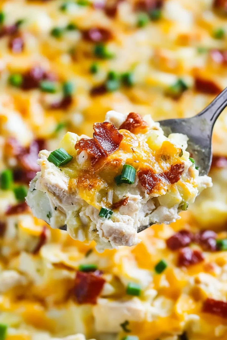 Close-up of a spoonful of creamy baked dish with chicken, potatoes, and gooey cheese.