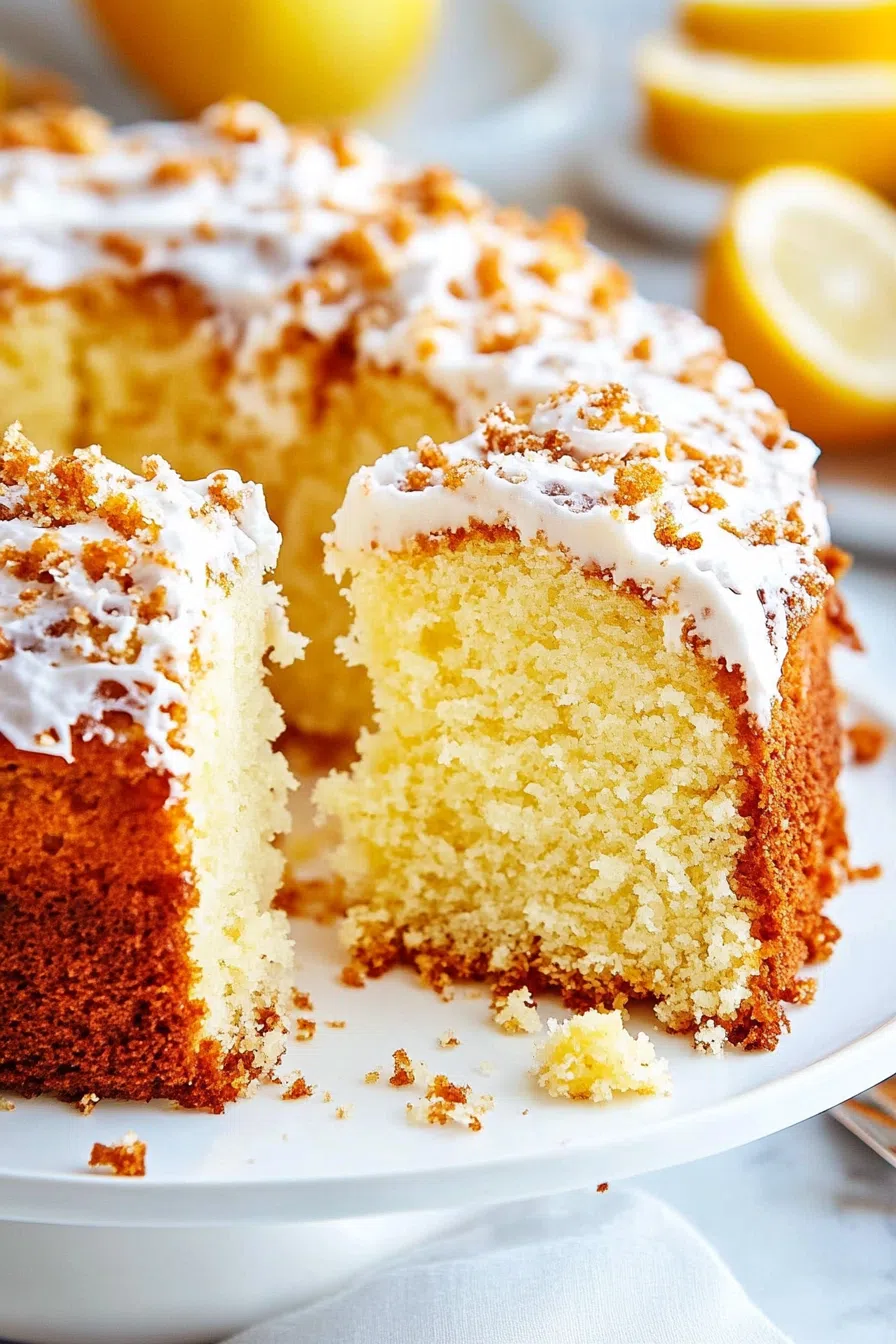 Bundt-style cake with a golden crust, drizzled with glaze and sprinkled with coconut.
