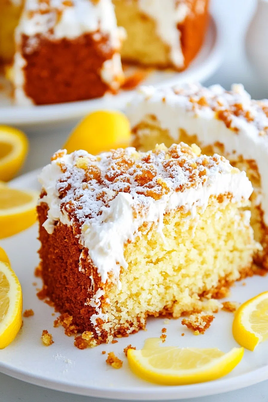 Close-up of a moist cake slice showing its tender interior and crisp outer layer.