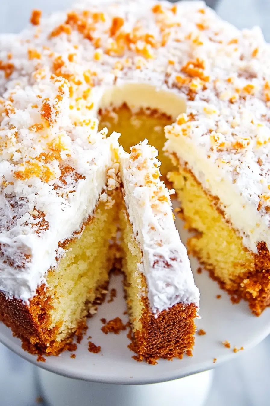 Cut cake showing contrast between soft interior and crisp, sugary exterior.