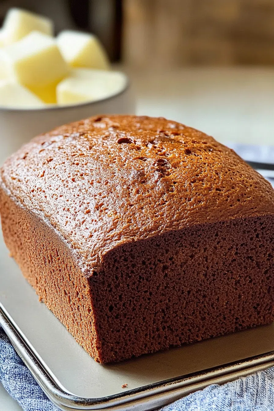 Warm, spiced loaf served with a side of butter on a rustic tabletop.